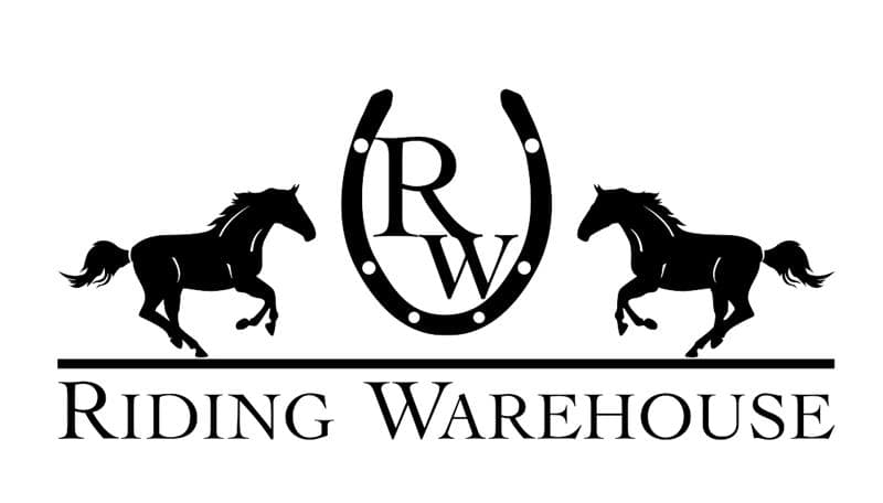 Logo for riding warehouse, two horses cantering towards a horseshoe