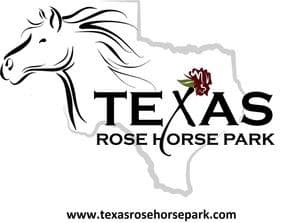 Logo for Texas Rose Horse Park, horse head with texas outline in the background